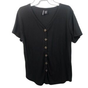 Kristin Nicole Womens Button Up Top‎ Black V Neck Ribbed Short Sleeve Casual